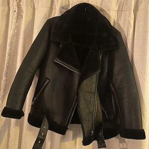 NWOT Faux Leather Sherpa-Lined Aviator Jacket - Size Large - Black